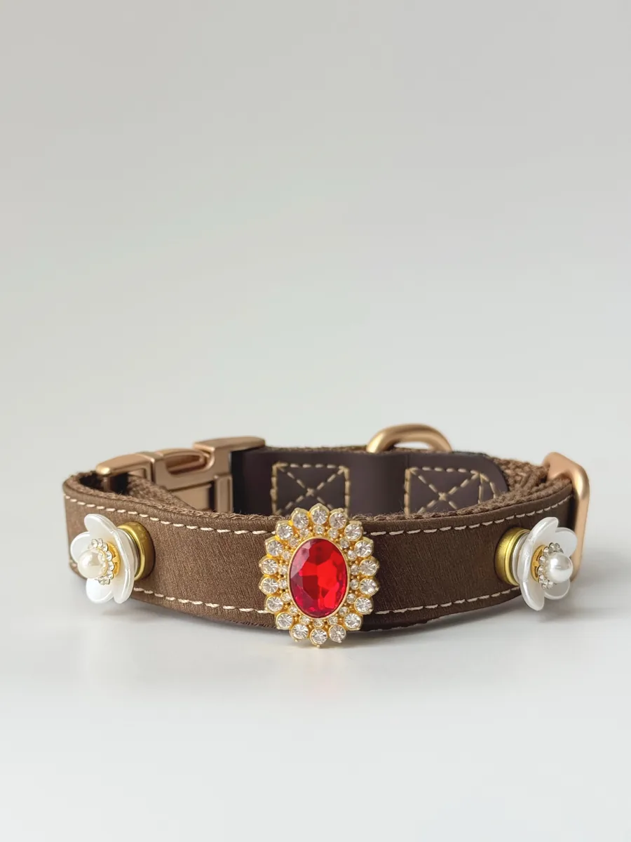 Little Princess Ruby handmade collar with gold-framed ruby